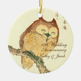 Vintage Japanese Fine Art Print, Owl | Anniversary Ceramic Ornament