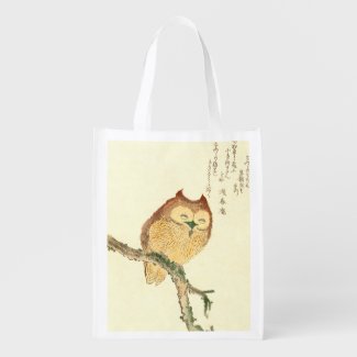 Vintage Japanese Fine Art Print | Owl on a Branch  Grocery Bag