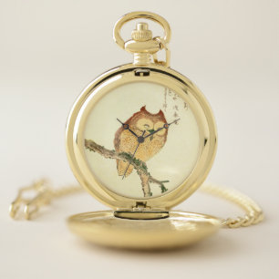 Vintage Japanese Fine Art Print   Owl on a Branch Pocket Watch