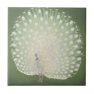 Vintage Japanese Fine Art White Peacock Ceramic Tile