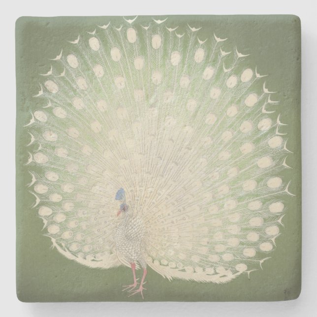 Vintage Japanese Fine Art | White Peacock Stone Coaster (Front)