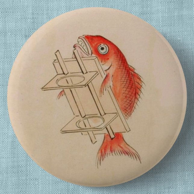 Vintage Japanese Fish Monster Yokai Button (Vintage Japanese Fish Yokai Can Badge- Detail View)