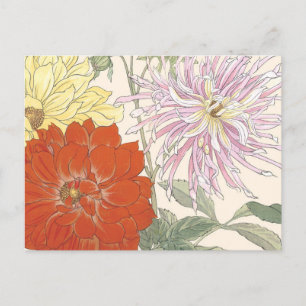 Vintage Japanese Floral Art Bright Dahlia Flowers Postcard