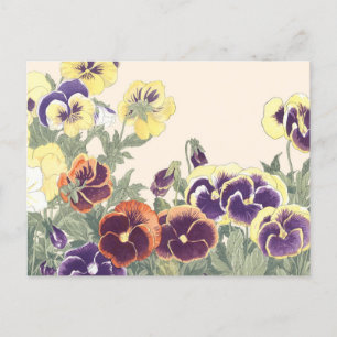 Vintage Japanese Floral Art Pansy Flowers Colorful Postcard