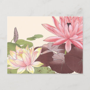 Vintage Japanese Floral Art Pink Lotus Pond Postcard
