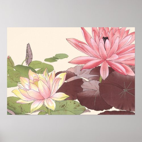 Vintage Japanese Floral Art Pink Lotus Pond Poster