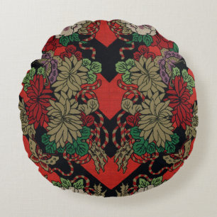 Vintage Japanese Floral Peony Red Black Pattern Round Pillow