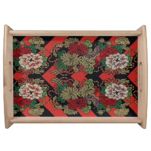 Vintage Japanese Floral Peony Red Black Pattern Serving Tray