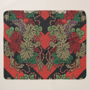 Vintage Japanese Floral Peony Red Black Pattern Sherpa Blanket
