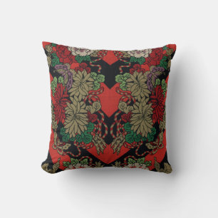Vintage Japanese Floral Peony Red Black Pattern Throw Pillow
