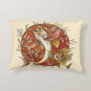 Vintage Japanese Flying Fish and Bamboo Leaves Art Accent Pillow