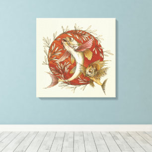 Vintage Japanese Flying Fish and Bamboo Leaves Art Canvas Print