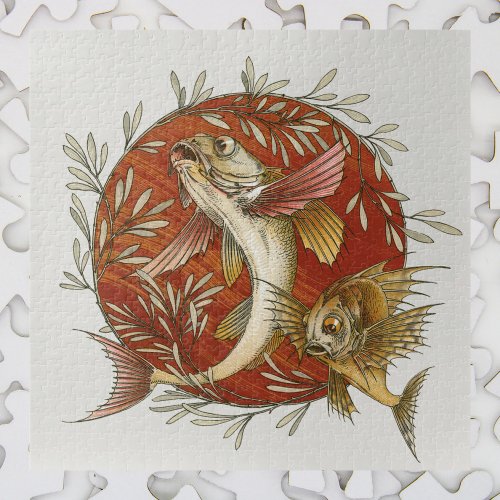 Vintage Japanese Flying Fish and Bamboo Leaves Art Jigsaw Puzzle