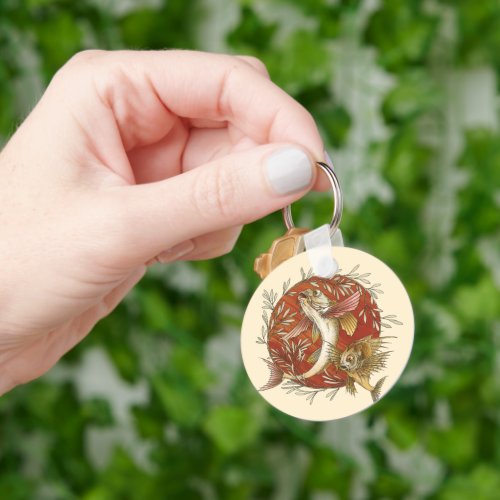 Vintage Japanese Flying Fish and Bamboo Leaves Art Keychain