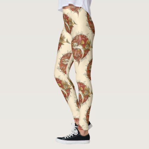 Vintage Japanese Flying Fish and Bamboo Leaves Art Leggings