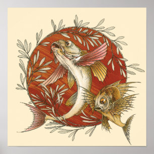 Vintage Japanese Flying Fish and Bamboo Leaves Art Poster