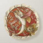 Vintage Japanese Flying Fish and Bamboo Leaves Art Round Pillow