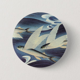 Vintage Japanese Flying Fish in Ocean, Japonism Button