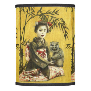 Vintage Japanese Geisha  And Bamboo Lamp Shade