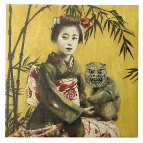 Vintage Japanese Geisha And Demon Ceramic Tile
