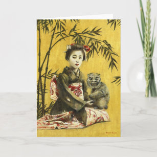 Vintage Japanese Geisha And Demon Greetings Card