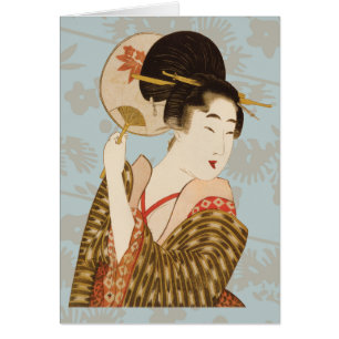 Vintage Japanese Geisha Girl in Kimono with Fan