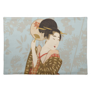 Vintage Japanese Geisha Girl in Kimono with Fan Cloth Placemat