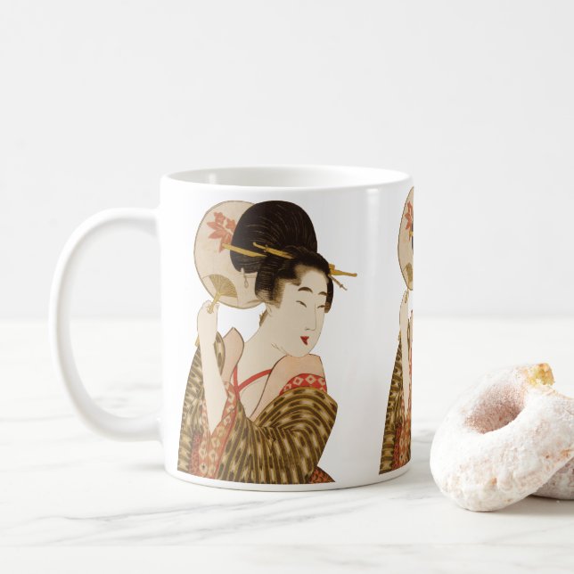 Vintage Japanese Geisha Girl in Kimono with Fan Coffee Mug (With Donut)