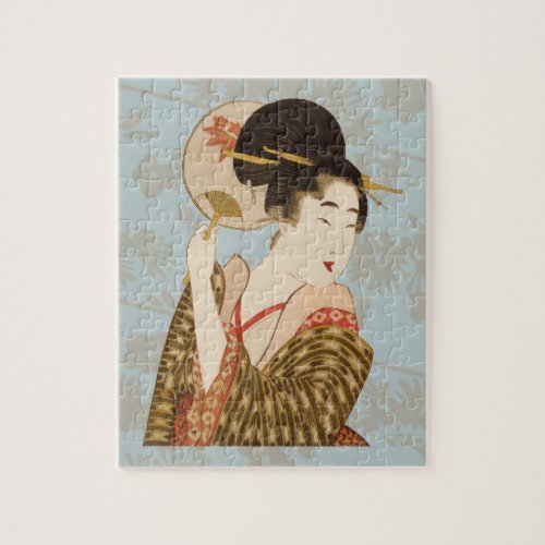 Vintage Japanese Geisha Girl in Kimono with Fan Jigsaw Puzzle