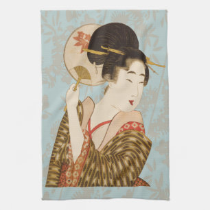 Vintage Japanese Geisha Girl in Kimono with Fan Kitchen Towel