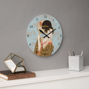 Vintage Japanese Geisha Girl in Kimono with Fan Large Clock