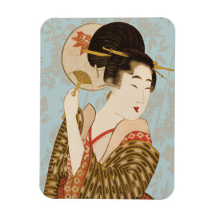 Vintage Japanese Geisha Girl in Kimono with Fan Magnet