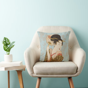 Vintage Japanese Geisha Girl in Kimono with Fan Throw Pillow
