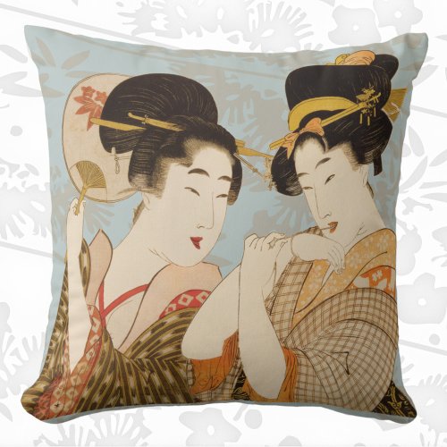 Vintage Japanese Geisha Girls in Kimonos Throw Pillow