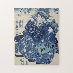 Vintage Japanese Geisha in a Fancy Blue Kimono Jigsaw Puzzle