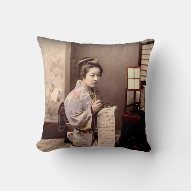 Vintage Japanese Geisha - Letter Writer  Throw Pillow (Front)