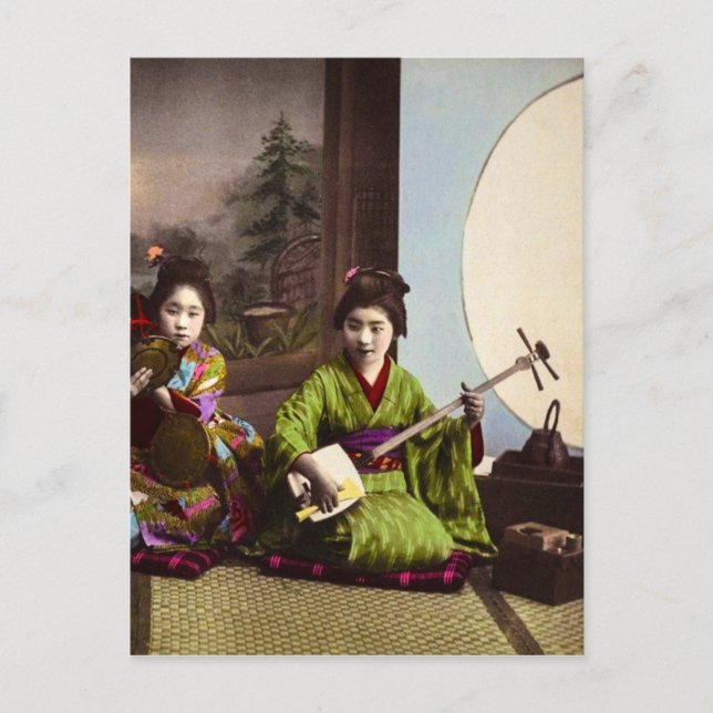 Vintage Japanese Geisha Musical Entertainment Postcard (Front)