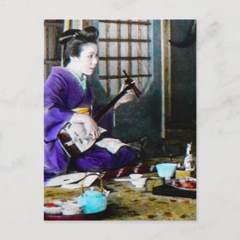 Vintage Japanese Geisha Playing Shamisen Banjo Postcard by scenesfromthepast at Zazzle