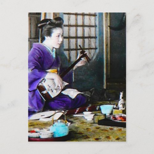 Vintage Japanese Geisha Playing Shamisen Banjo Postcard