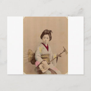 Vintage Japanese Geisha Playing Shamisen Postcard