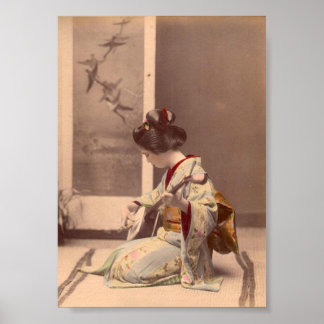 Vintage Japanese geisha playing the shamisen print