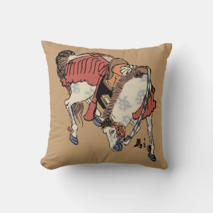 Vintage Japanese Horse on Camel Brown Throw Pillow