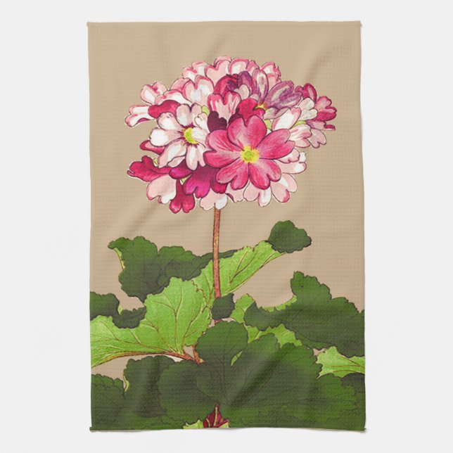 Vintage Japanese Hydrangea. Pink and Green Kitchen Towel (Vertical)