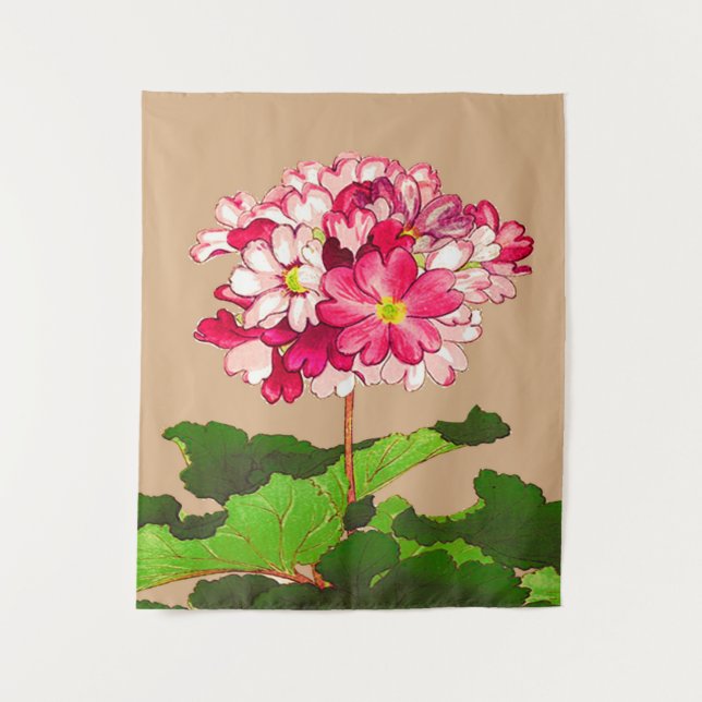 Vintage Japanese Hydrangea. Pink and Green Tapestry (Front)