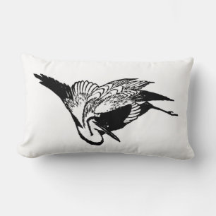 Vintage Japanese Ink Drawing of a Crane Lumbar Pillow