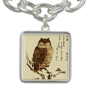 Vintage Japanese Ink Sketch of an Owl Charm Bracelet