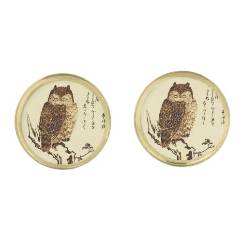 Vintage Japanese Ink Sketch of an Owl Gold Cufflinks