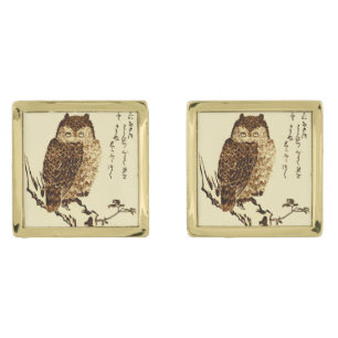 Vintage Japanese Ink Sketch of an Owl Gold Cufflinks