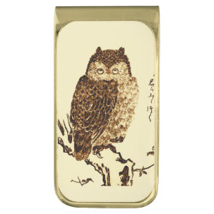 Vintage Japanese Ink Sketch of an Owl Gold Finish Money Clip