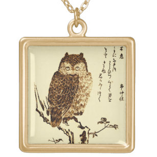 Vintage Japanese Ink Sketch of an Owl Gold Plated Necklace